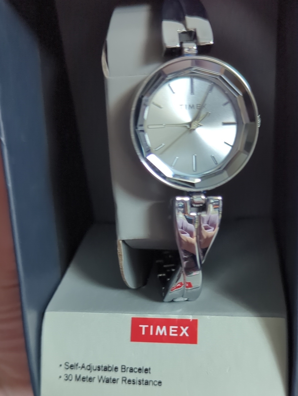 Timex Silver Polished Bangle Watch with Faceted Bezel